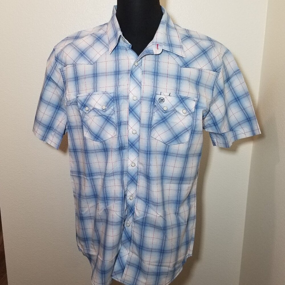Wrangler Mens XL Blue White Plaid Short Sleeve‎ Shirt Western Snaps Retro Cowboy